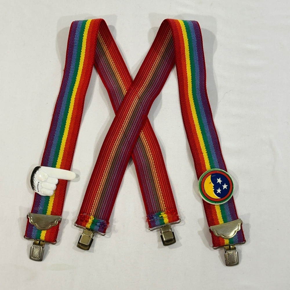Vintage 70s Mork Mindy Rainbow Suspenders Moon Stars Pointing Hand Clips